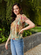 Women's Green Casual Regular Fit Printed Half Sleeves Top