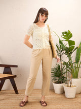 Women's Off White Casual Regular Fit Solid Half Sleeves Top