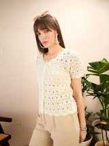 Women's Off White Casual Regular Fit Solid Half Sleeves Top