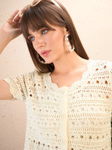 Women's Off White Casual Regular Fit Solid Half Sleeves Top