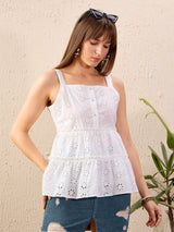 Women's White Casual Fit & Flared Solid Sleeveless Top
