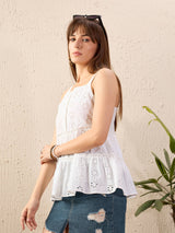 Women's White Casual Fit & Flared Solid Sleeveless Top