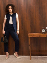 Women's Navy Casual Regular Fit Solid Sleeveless Top