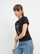 Women's Black Casual Slim Fit Printed Half Sleeves Tshirt