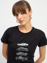 Women's Black Casual Slim Fit Printed Half Sleeves Tshirt