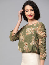 Women's Green Casual Regular Fit Printed Three Quarter Sleeves Top