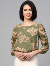 Women's Green Casual Regular Fit Printed Three Quarter Sleeves Top