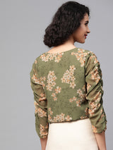 Women's Green Casual Regular Fit Printed Three Quarter Sleeves Top