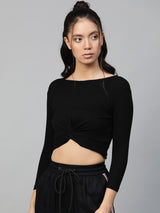 Women's Black Casual Slim Fit Solid Three Quarter Sleeves Top