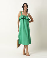 Women's Shallow Green Broad Shoulder Straps Ruffled Square Neck with Pockets Midi Dress