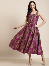 Women's Purple Jacquard Floral Self-Belt Anarkali Maxi