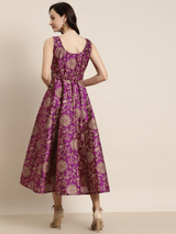 Women's Purple Jacquard Floral Self-Belt Anarkali Maxi
