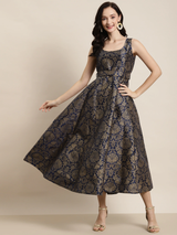 Women's Navy Jacquard Floral Self-Belt Anarkali Maxi