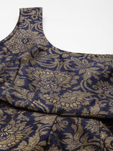 Women's Navy Jacquard Floral Self-Belt Anarkali Maxi