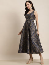 Women's Navy Jacquard Floral Self-Belt Anarkali Maxi