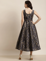 Women's Navy Jacquard Floral Self-Belt Anarkali Maxi
