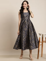 Women's Navy Jacquard Floral Self-Belt Anarkali Maxi