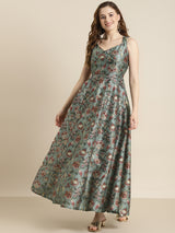 Women's Olive Floral Sweetheart Anarkali Maxi Dress