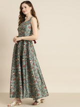 Women's Olive Floral Sweetheart Anarkali Maxi Dress