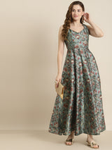 Women's Olive Floral Sweetheart Anarkali Maxi Dress