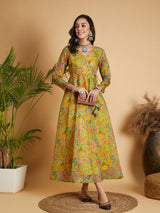 Women's Lemon Yellow Floral Anarkali Maxi Dress