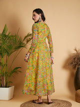 Women's Lemon Yellow Floral Anarkali Maxi Dress