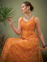 Women's Yellow Floral Sweetheart Neck Anarkali Kurta