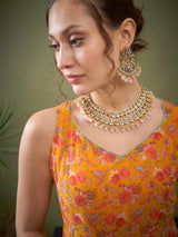 Women's Yellow Floral Sweetheart Neck Anarkali Kurta