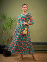 Women's Teal Green Floral Anarkali Kurta