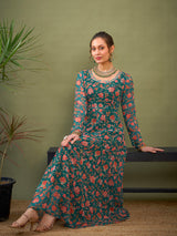 Women's Teal Green Floral Anarkali Kurta