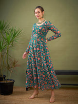 Women's Teal Green Floral Anarkali Kurta