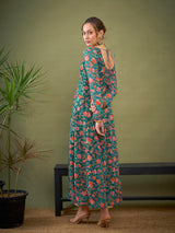 Women's Teal Green Floral Anarkali Kurta