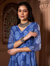 Women's Blue Chanderi Paisley Long Anarkali Kurta