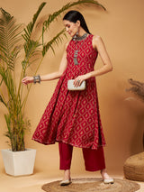 Women's Maroon Floral Box Back Detail Anarkali Kurta