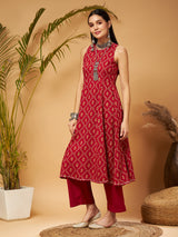 Women's Maroon Floral Box Back Detail Anarkali Kurta