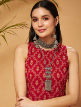 Women's Maroon Floral Box Back Detail Anarkali Kurta