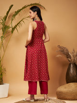 Women's Maroon Floral Box Back Detail Anarkali Kurta