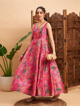 Women's Pink Floral Sleeveless Anarkali Maxi Kurta