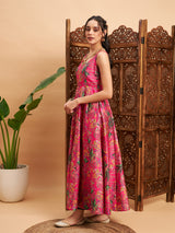 Women's Pink Floral Sleeveless Anarkali Maxi Kurta