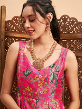 Women's Pink Floral Sleeveless Anarkali Maxi Kurta
