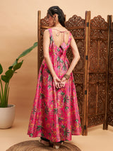 Women's Pink Floral Sleeveless Anarkali Maxi Kurta