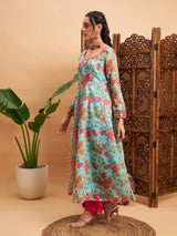 Women's Blue Floral Sweatheart Neck Anarkali Maxi Kurta