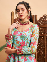 Women's Blue Floral Sweatheart Neck Anarkali Maxi Kurta