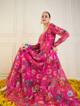 Women's Fuchsia Floral Long Anarkali Kurta