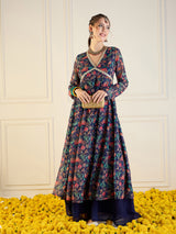 Women's Navy Floral Long Anarkali Kurta