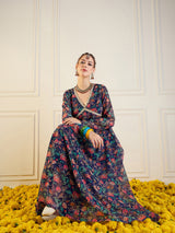 Women's Navy Floral Long Anarkali Kurta