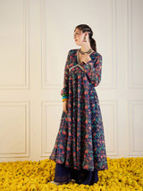 Women's Navy Floral Long Anarkali Kurta