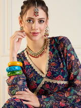 Women's Navy Floral Long Anarkali Kurta