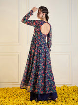 Women's Navy Floral Long Anarkali Kurta