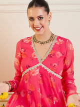 Women's Fuchsia Floral Long Anarkali Kurta